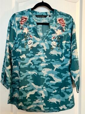 Colleen Lopez Teal Camo V-Neck Tunic with Floral Embroidery